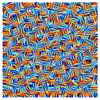 An image showing the result of ResNet layer 2, third convolution for filter 0 which shows pairs of bright blue and orange lines kind of forming a knitted blanket like texture